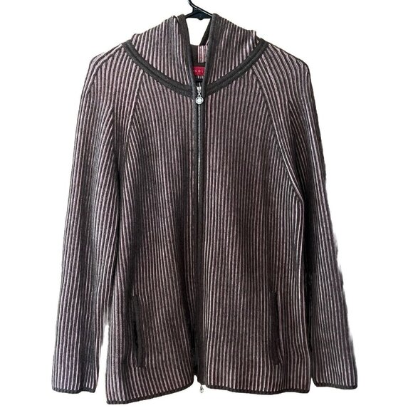 Vintage Escada Golf Size 38 Full Zip Pink Brown Striped Cardigan Hooded Sweater - Picture 1 of 8